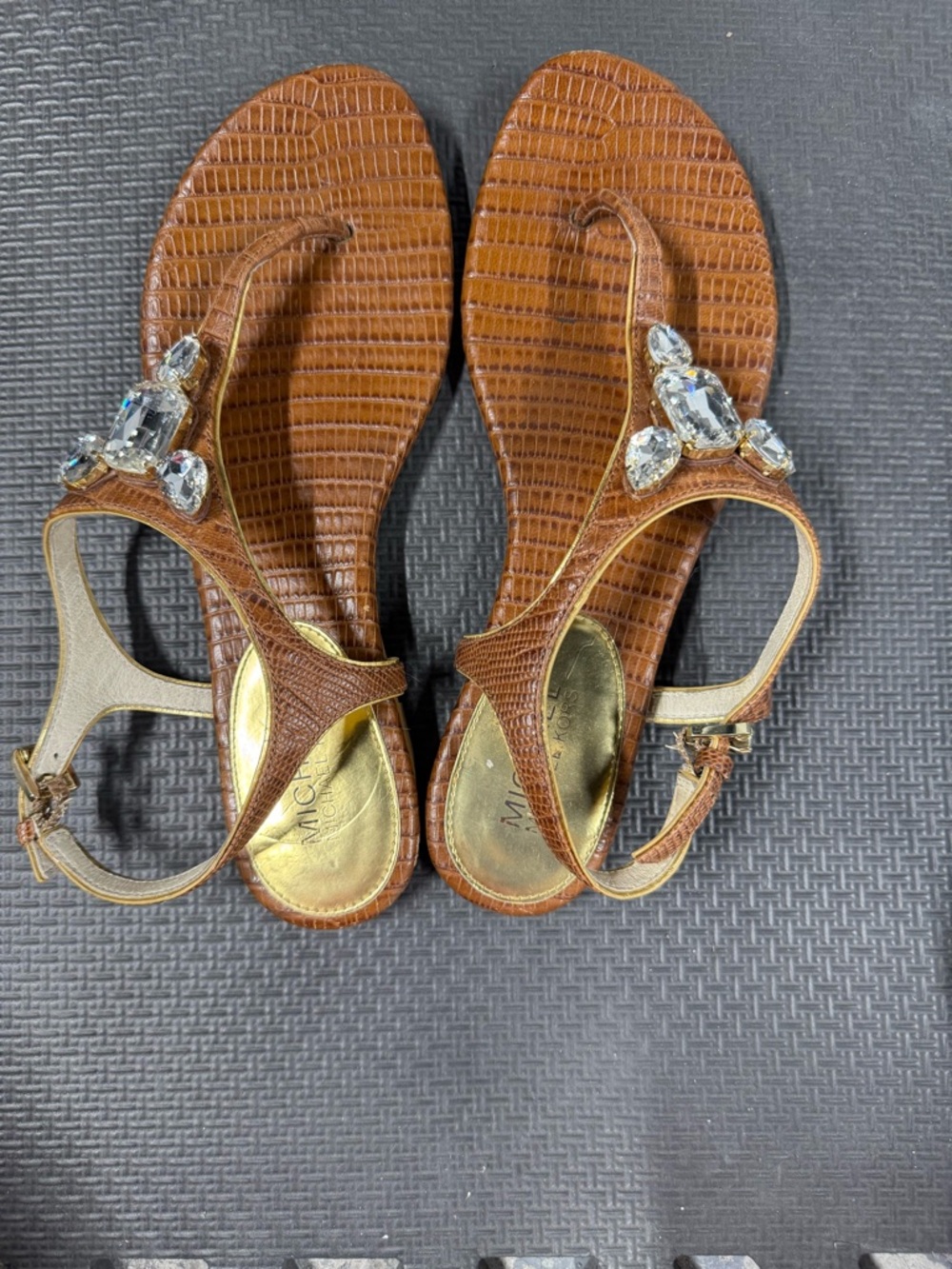 Michael Kors Brown Jeweled T-Strap Sandals with Gold Insoles